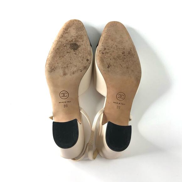 Chanel Interlocking CC Beige Glazed Calfskin Cap Toe Slingback Heeled Pumps 39 - Picture 12 of 14